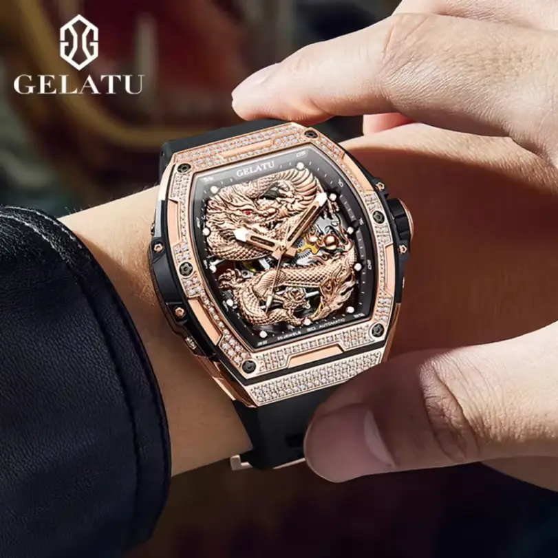 Marca reloj hueco para hombre, correa de silicona, resistente al agua, de gama alta, esfera de dragón con diamantes, reloj mecánico automático de marca 6021 3