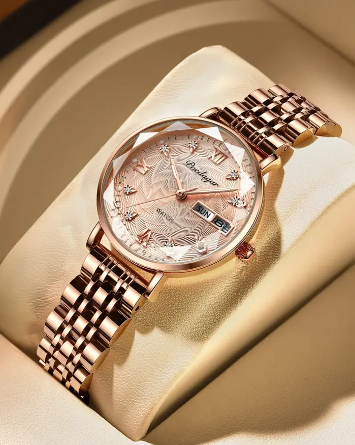 Reloj para mujer, malla de acero inoxidable, oro rosa, Simple, resistente al agua, relojes luminosos para mujer, relojes de cuarzo de lujo elegantes 1