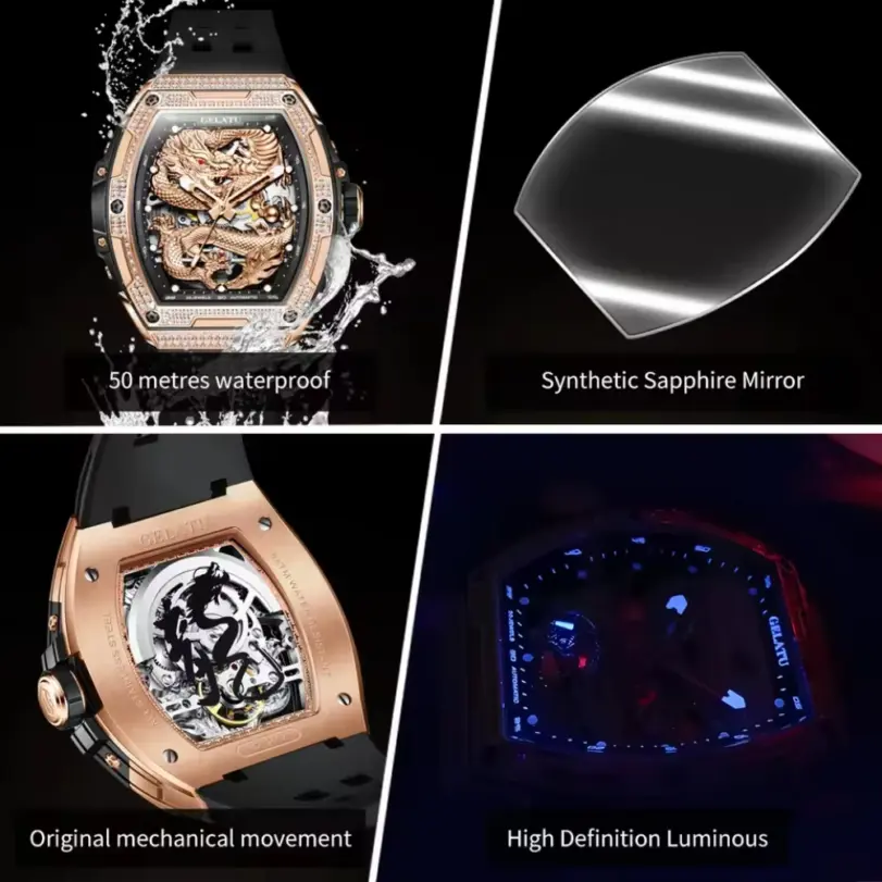 Marca reloj hueco para hombre, correa de silicona, resistente al agua, de gama alta, esfera de dragón con diamantes, reloj mecánico automático de marca 6021 2