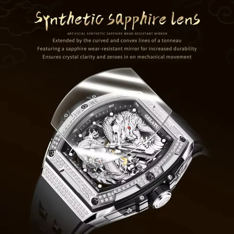 Marca reloj hueco para hombre, correa de silicona, resistente al agua, de gama alta, esfera de dragón con diamantes, reloj mecánico automático de marca 6021 4
