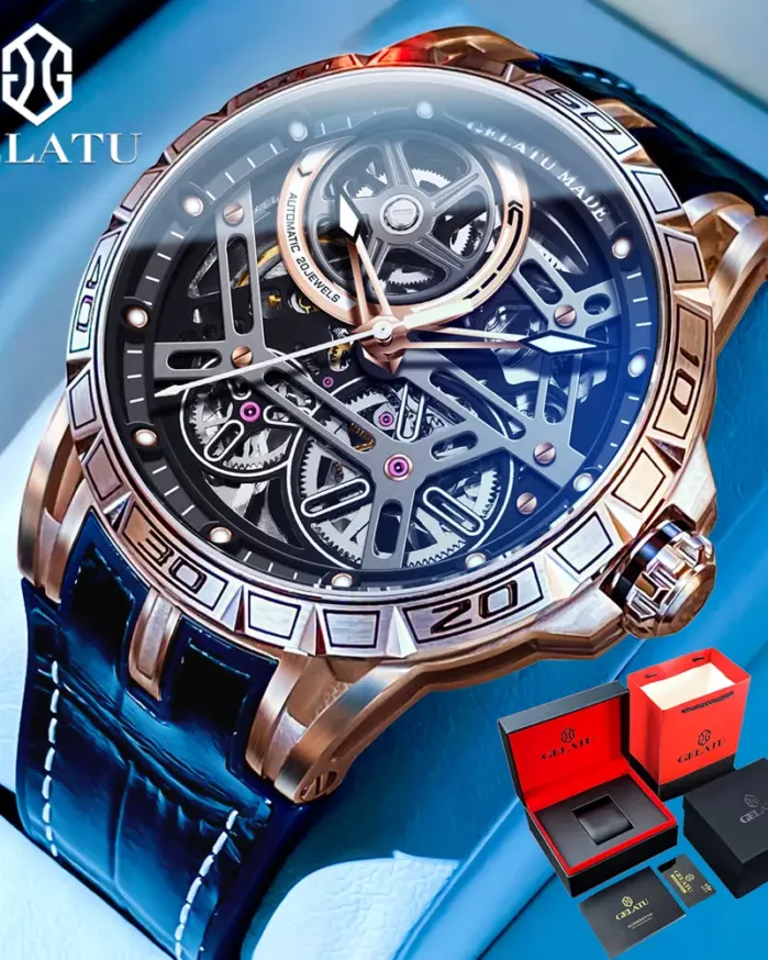 Relojes mecánicos para hombre, correa de silicona de cuero, reloj de pulsera de zafiro ahuecado 3D luminoso automático de marca de lujo a la moda 1
