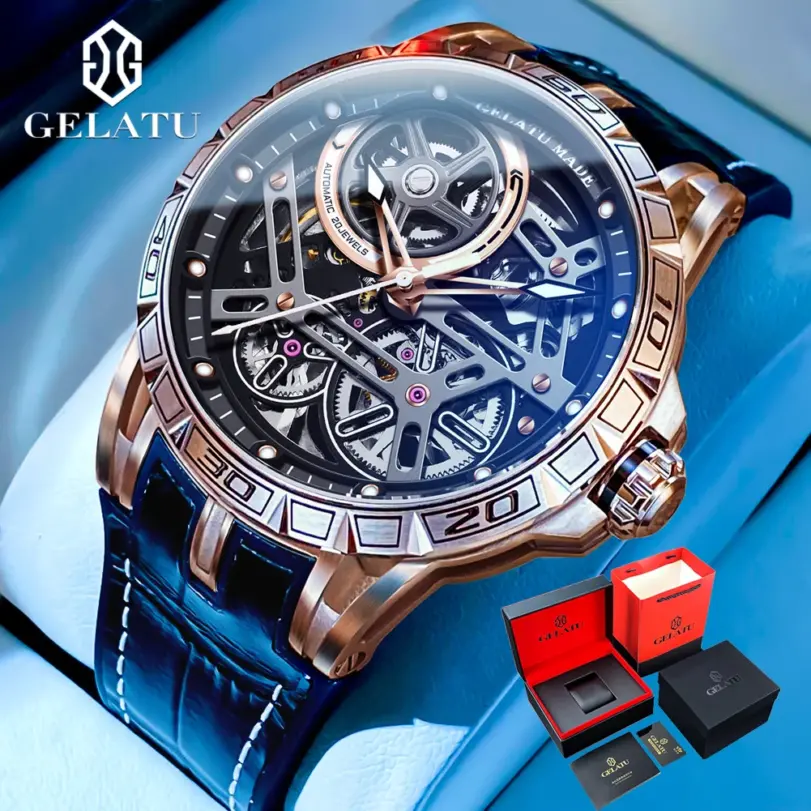 Relojes mecánicos para hombre, correa de silicona de cuero, reloj de pulsera de zafiro ahuecado 3D luminoso automático de marca de lujo a la moda 1