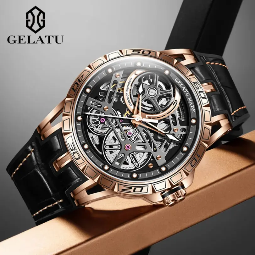 Relojes mecánicos para hombre, correa de silicona de cuero, reloj de pulsera de zafiro ahuecado 3D luminoso automático de marca de lujo a la moda 3