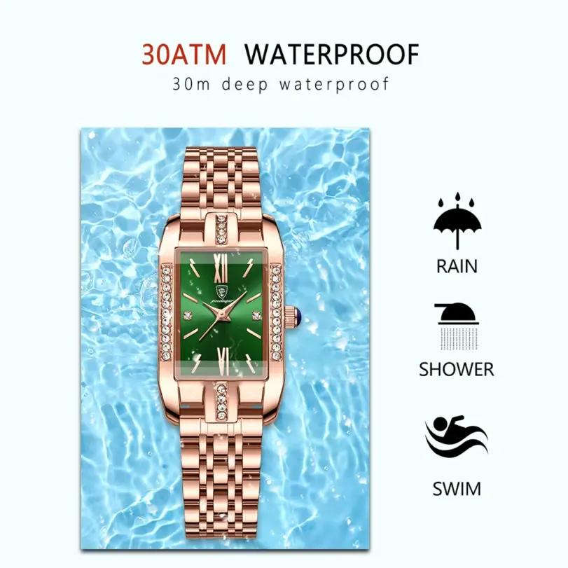Reloj para mujer, relojes de cuarzo cuadrados con esfera verde de diamante de lujo a la moda, reloj de pulsera resistente al agua de acero inoxidable para mujer, regalo 3