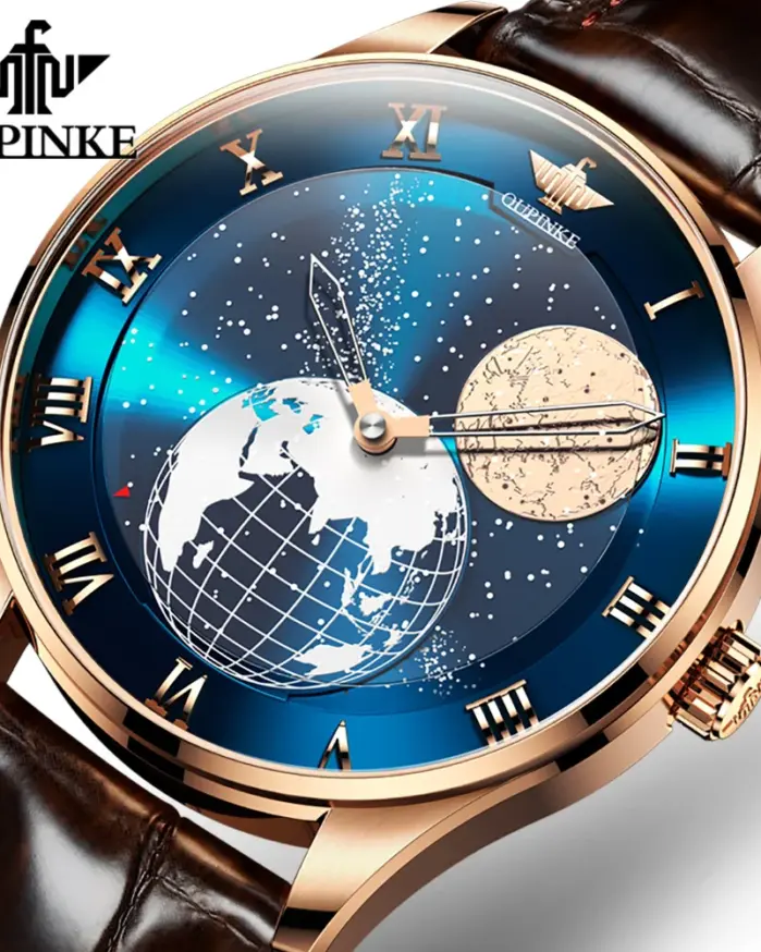 reloj automático con esfera de cielo estrellado para hombre, fase lunar, reloj de mano mecánico para hombre, escala romana, esfera giratoria resistente al agua 3230 1