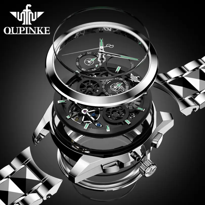 Marca reloj mecánico automático para hombre, reloj calendario con esfera grande hueca de 42mm, correa de acero de tungsteno, relojes originales para hombre 3233 5