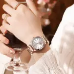 relojes para mujer, moda de oro rosa, acero inoxidable, reloj de pulsera de cuarzo resistente al agua, regalo romántico para novia 6