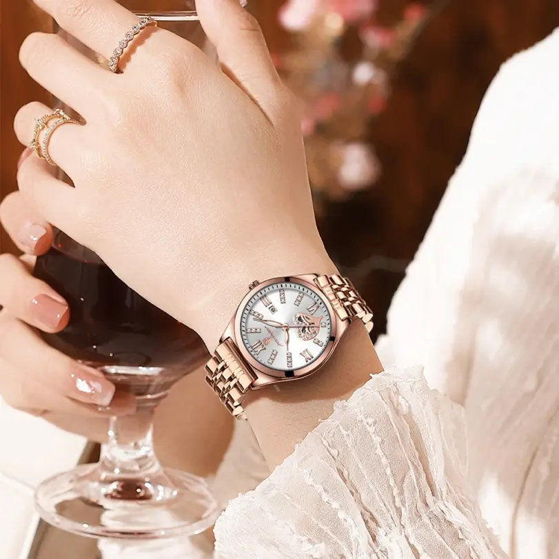 relojes para mujer, moda de oro rosa, acero inoxidable, reloj de pulsera de cuarzo resistente al agua, regalo romántico para novia 6