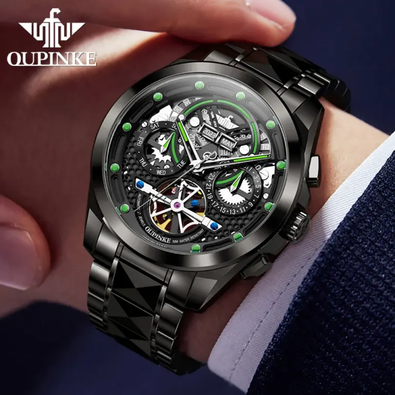 reloj automático para hombre, movimiento mecánico, relojes de pulsera de marca de lujo, esqueleto, calendario de cuerda automática, semana luminosa 3249 3