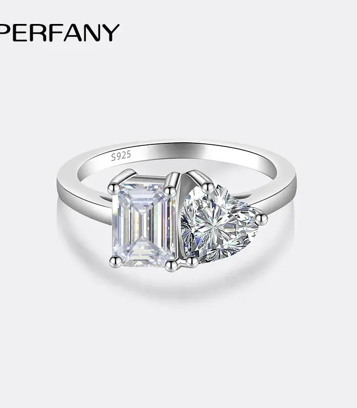 Anillo de moissanita en forma de corazón para mujer, 2 quilates, plata pura S925, Esmeralda/corte de radiación, joyería de boda de diamante de laboratorio 1