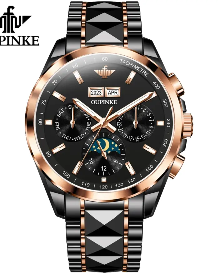 marca de tungsteno reloj mecánico automático hombre de lujo 5ATM luminoso impermeable calendario fase lunar reloj masculino 3238 1