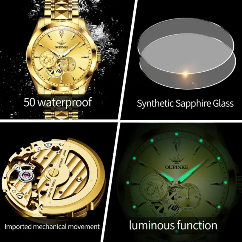 Reloj de pulsera de dragón dorado para hombre, cronógrafo de lujo, mecánico, luminoso 6