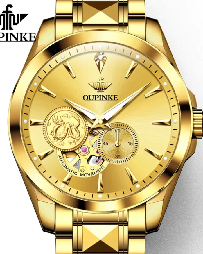 Reloj de pulsera de dragón dorado para hombre, cronógrafo de lujo, mecánico, luminoso 2