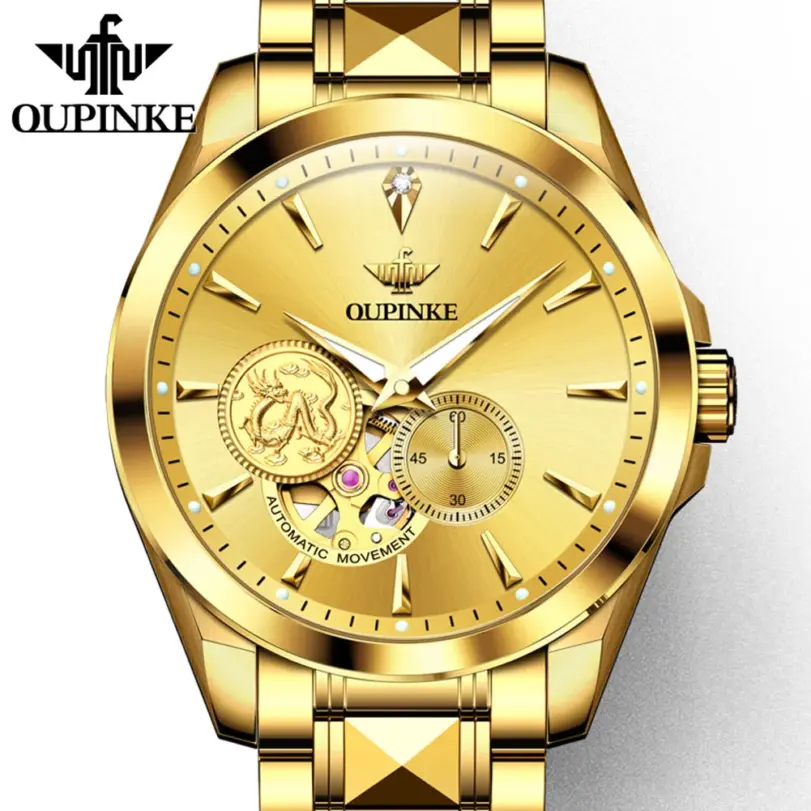 Reloj de pulsera de dragón dorado para hombre, cronógrafo de lujo, mecánico, luminoso 2