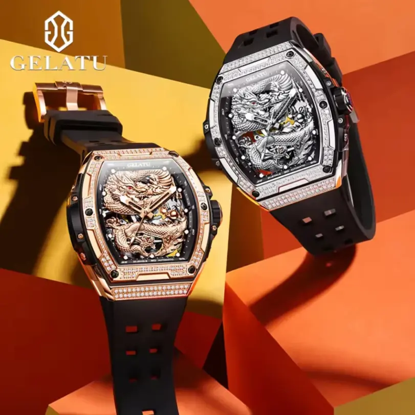 Marca reloj hueco para hombre, correa de silicona, resistente al agua, de gama alta, esfera de dragón con diamantes, reloj mecánico automático de marca 6021 6