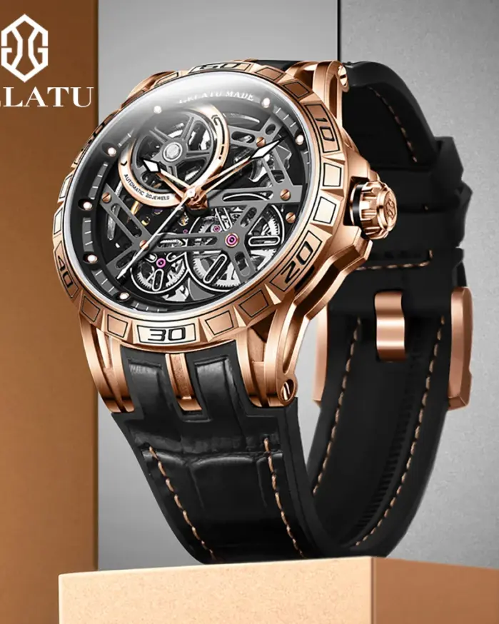 Relojes mecánicos para hombre, correa de silicona de cuero, reloj de pulsera de zafiro ahuecado 3D luminoso automático de marca de lujo a la moda 2