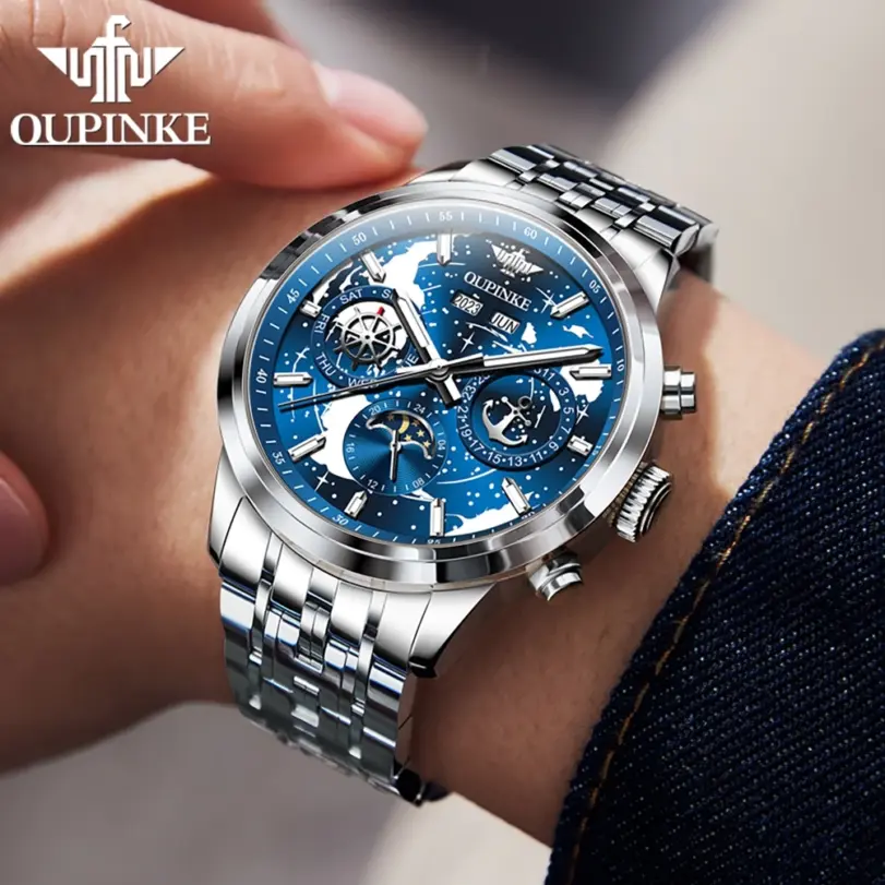 Reloj de pulsera mecánico automático para hombre, cronógrafo con esfera de cielo estrellado, resistente al agua, fase lunar, calendario, semana, lujo, clásico, luminoso 5