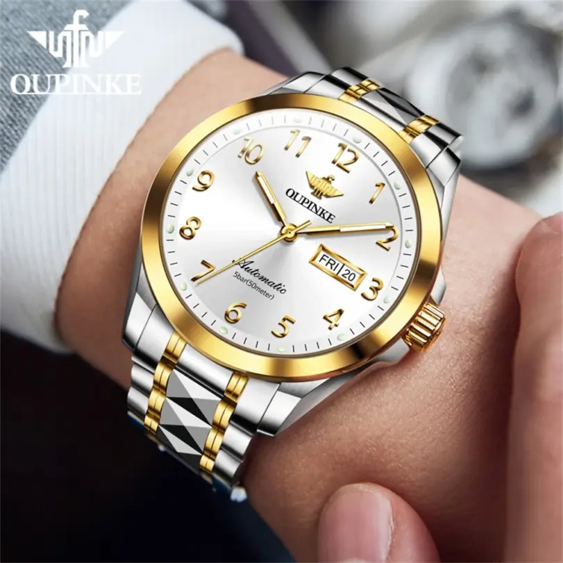 Relojes de pulsera para hombre, movimiento automático, espejo de zafiro, correa de acero de tungsteno, calendario luminoso de lujo, reloj de mano para hombre 3228 5
