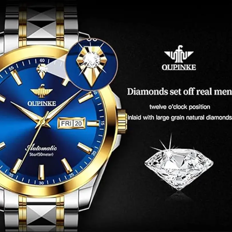 Reloj de pulsera con Diamante Real para hombre, accesorio Original, mecánico, automático, movimiento suizo, calendario luminoso 5