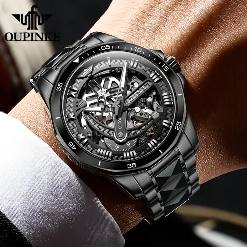 Reloj de pulsera de acero de tungsteno para hombre, cronógrafo de marca de lujo, resistente al agua, automático, mecánico, luminoso, hueco, negro 6