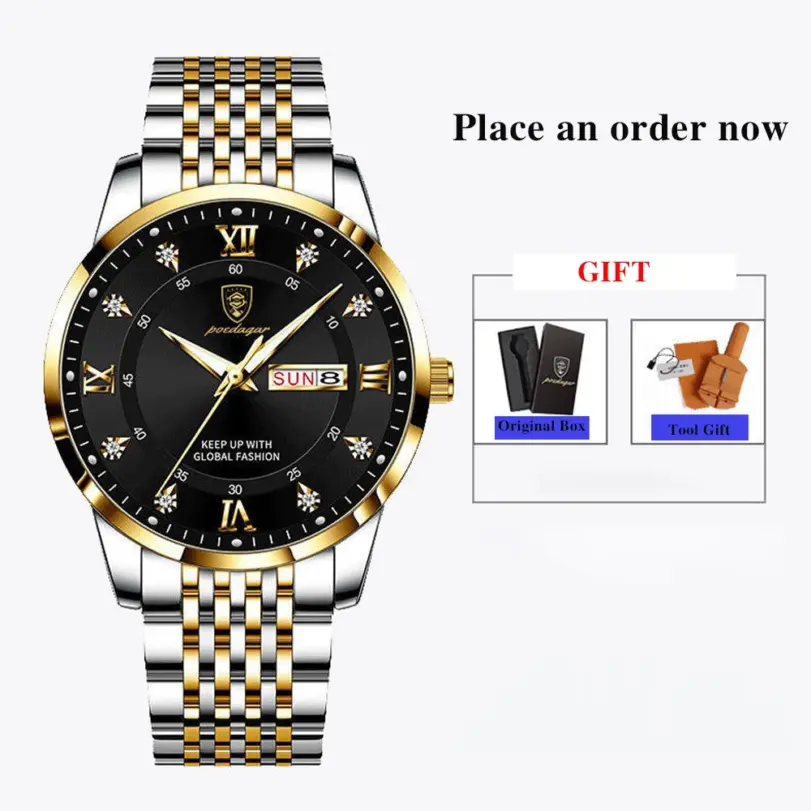 Reloj para hombre, de acero inoxidable, de lujo, con botón pulsador, cierre oculto, resistente al agua, luminoso, con fecha, semana, relojes de pulsera deportivos 2