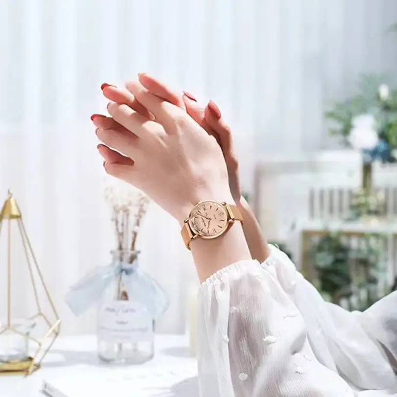 Reloj de pulsera de malla de oro rosa para mujer, cronógrafo de lujo, sencillo, resistente al agua, con fecha 5