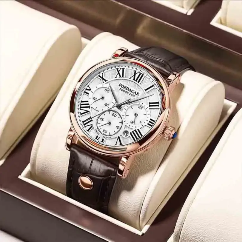 Reloj de pulsera deportivo para hombre, cronógrafo de cuarzo y cuero, luminoso, resistente al agua, de seis agujas 1