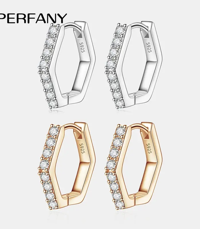 pendientes de aro de moissanita para mujer, plata pura S925, diseño Hexagonal, diamante de laboratorio, joyería de lujo 1