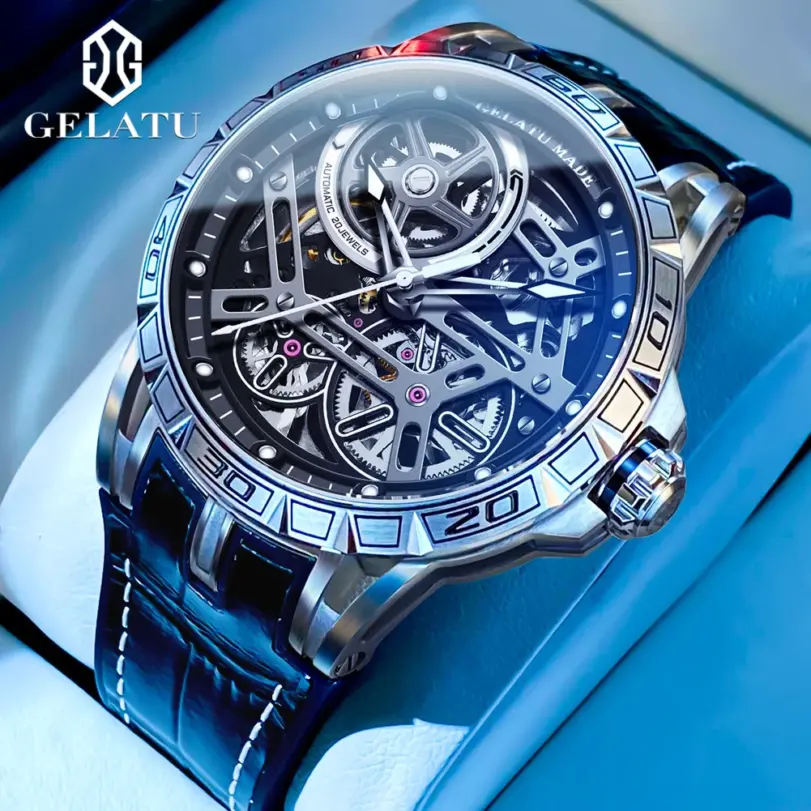 Relojes mecánicos para hombre, correa de silicona de cuero, reloj de pulsera de zafiro ahuecado 3D luminoso automático de marca de lujo a la moda 6