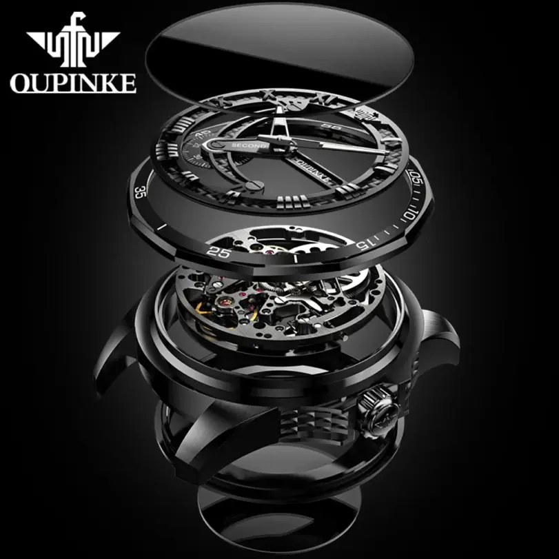 Reloj de pulsera de acero de tungsteno para hombre, cronógrafo de marca de lujo, resistente al agua, automático, mecánico, luminoso, hueco, negro 4