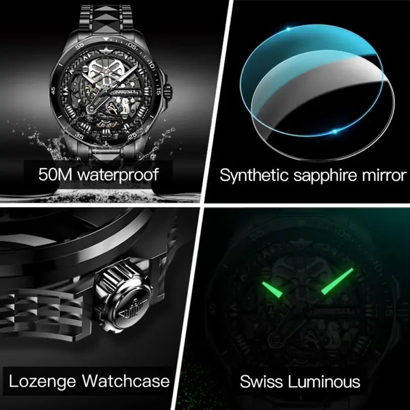 Reloj de pulsera de acero de tungsteno para hombre, cronógrafo de marca de lujo, resistente al agua, automático, mecánico, luminoso, hueco, negro 5