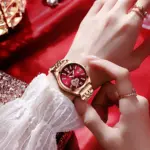 relojes para mujer, moda de oro rosa, acero inoxidable, reloj de pulsera de cuarzo resistente al agua, regalo romántico para novia 4
