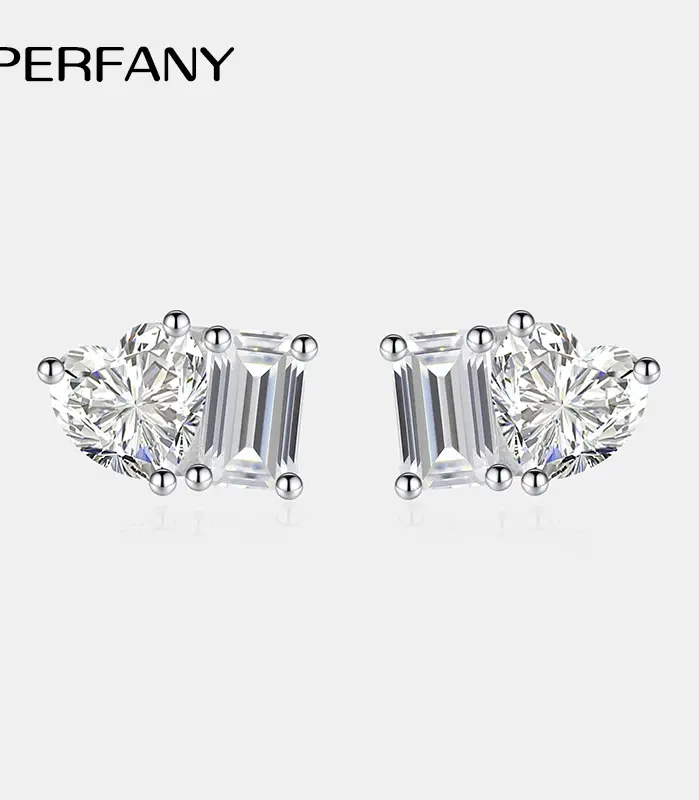 pendientes de tuerca de moissanita con corte de Esmeralda radiante para mujer, joyería de boda de moda con diamantes de laboratorio de corazón de plata pura S925 1