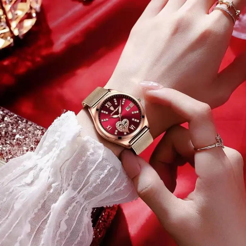 Reloj de malla de acero inoxidable para mujer, Accesorio luminoso de lujo, resistente al agua, de cuarzo, color oro rosa, 2022 4