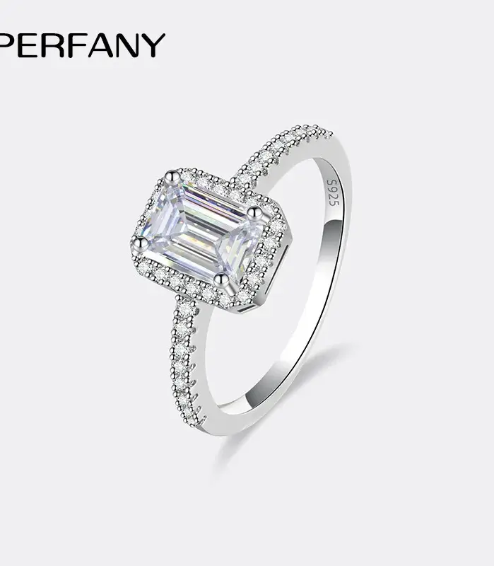 Anillo de moissanita de 1/2CT para mujer, plata pura S925, Esmeralda/corte radiante, diamante de laboratorio GRA, joyería de lujo para boda 1