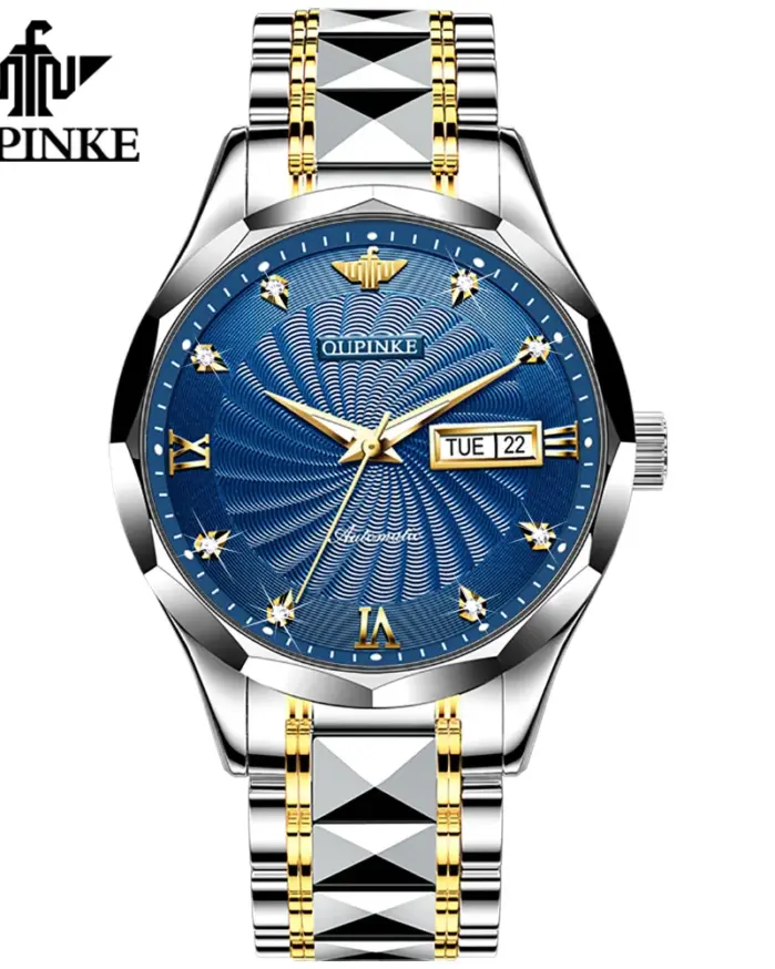 Reloj Automático de marca para hombre, correa mecánica de acero de tungsteno, esfera giratoria, resistente al agua, calendario Dual, semana luminosa de negocios 2