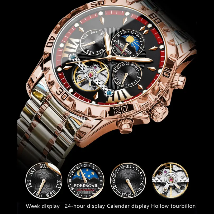 reloj mecánico automático de lujo para hombre, Tourbillon hueco, resistente al agua, luminoso, fecha, semana, relojes de acero inoxidable para hombre 4