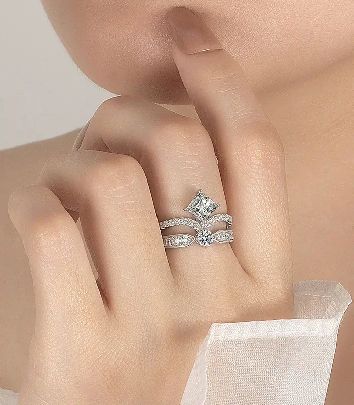 Anillo de moissanita de 1,3 quilates para mujer, corona de plata pura S925, diseño de doble capa, joyería de lujo para boda con diamantes de laboratorio 2