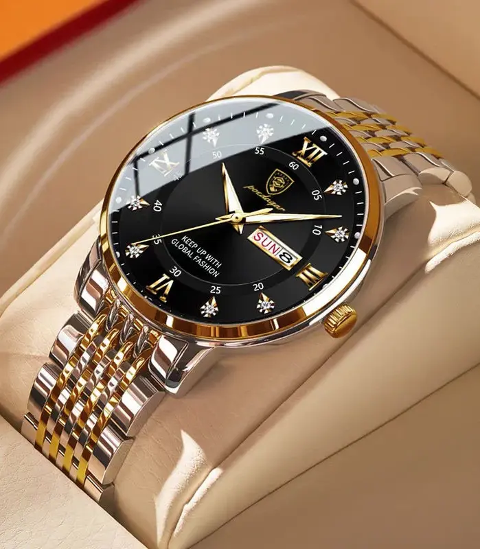 Reloj para hombre, de acero inoxidable, de lujo, con botón pulsador, cierre oculto, resistente al agua, luminoso, con fecha, semana, relojes de pulsera deportivos 1