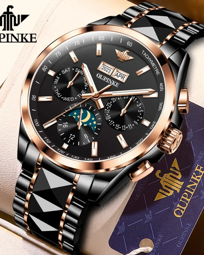 marca de tungsteno reloj mecánico automático hombre de lujo 5ATM luminoso impermeable calendario fase lunar reloj masculino 3238 2