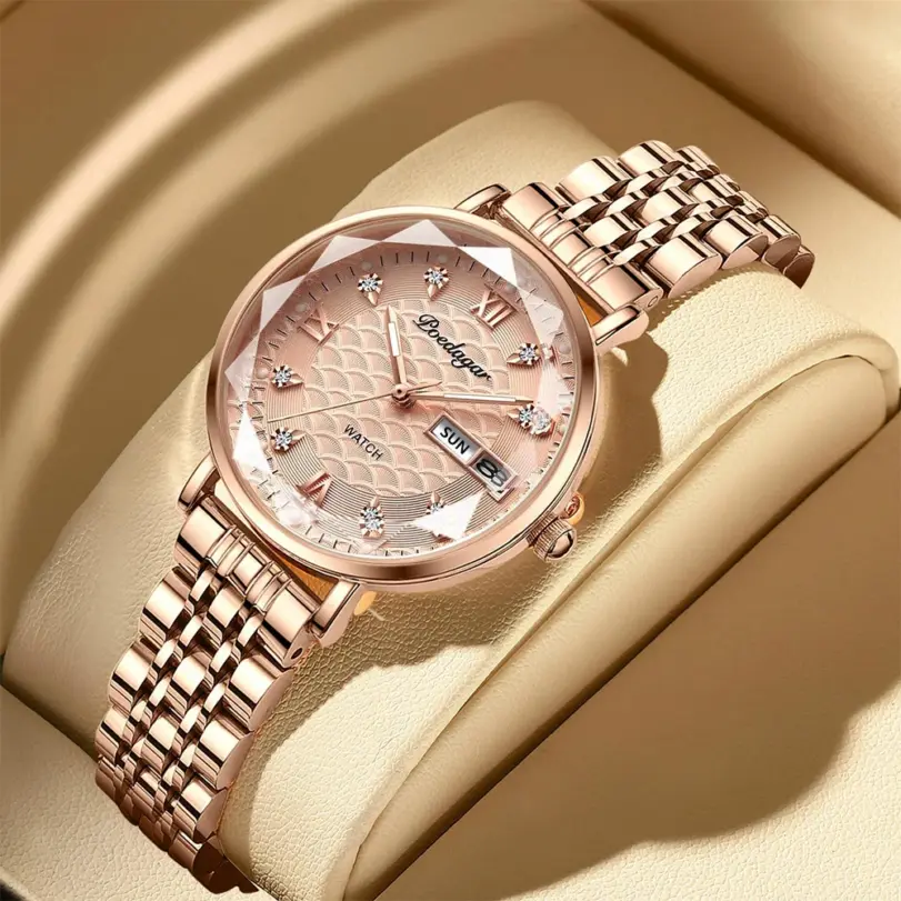 reloj de cuarzo de acero rosa para mujer, cronógrafo de pulsera, resistente al agua, luminoso, con fecha de semana 1 reloj de cuarzo de acero rosa para mujer, cronógrafo de pulsera, resistente al agua, luminoso, con fecha de semana 1