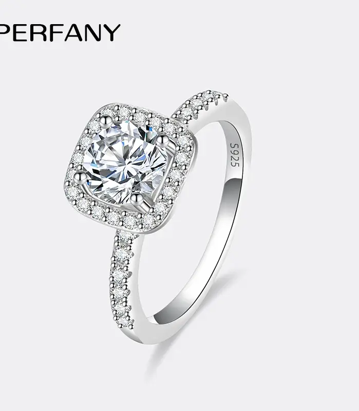 Anillo de moissanita 0,5/1/2CT para mujer, anillo de boda cuadrado de cuatro garras de plata pura S925, joyería de boda de moda 1