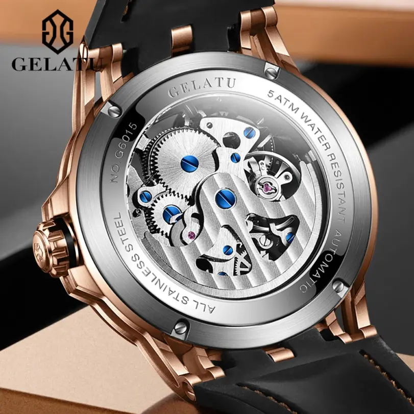 Relojes mecánicos para hombre, correa de silicona de cuero, reloj de pulsera de zafiro ahuecado 3D luminoso automático de marca de lujo a la moda 4