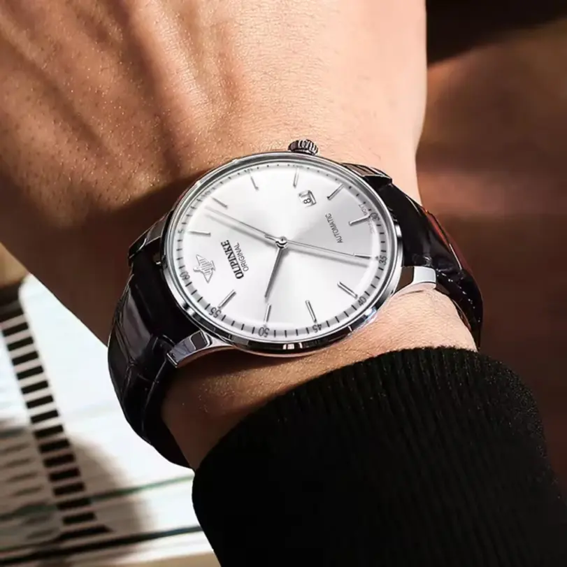 reloj con correa de cuero genuino para hombre, reloj de pulsera mecánico automático con movimiento suizo importado Original, ultrafino y luminoso 5