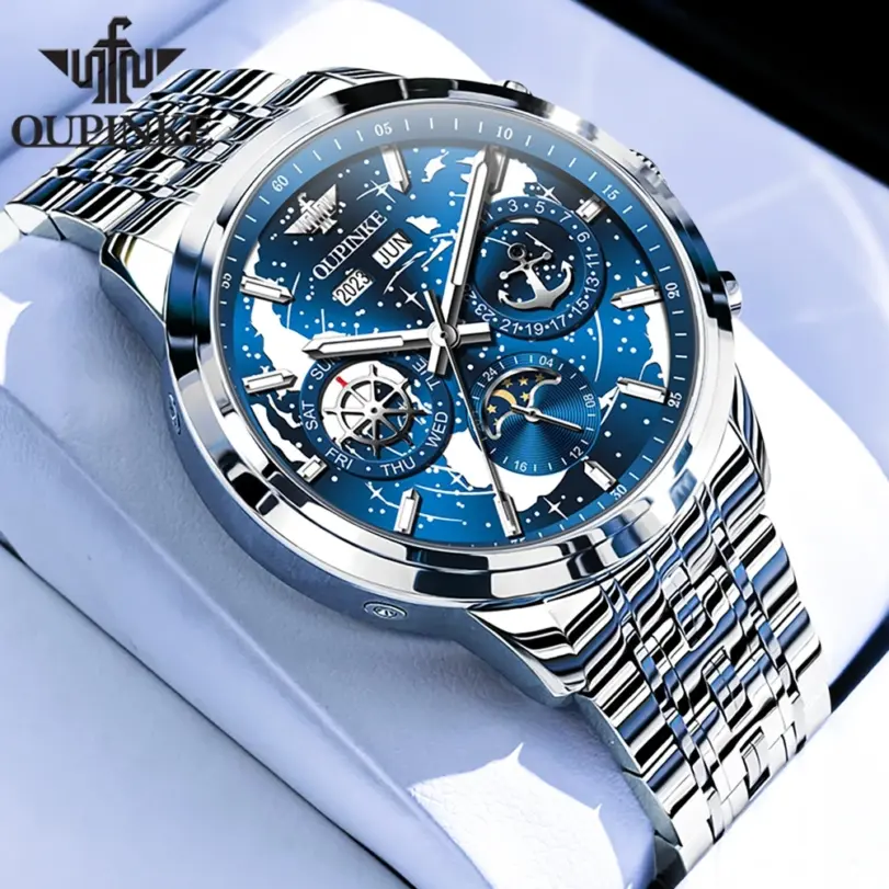Reloj de pulsera mecánico automático para hombre, cronógrafo con esfera de cielo estrellado, resistente al agua, fase lunar, calendario, semana, lujo, clásico, luminoso 2