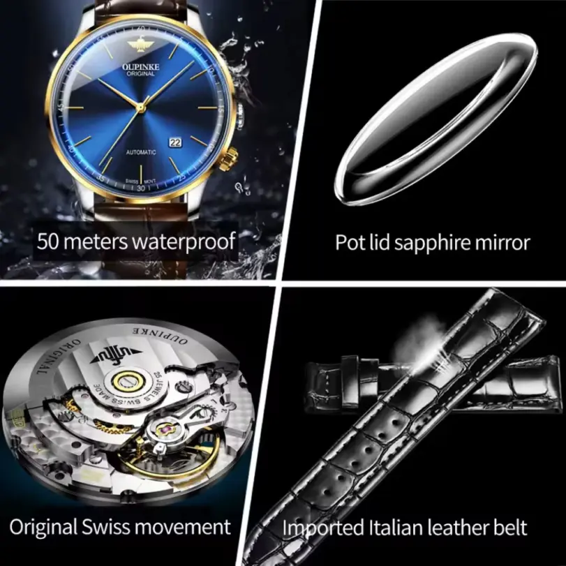 reloj con correa de cuero genuino para hombre, reloj de pulsera mecánico automático con movimiento suizo importado Original, ultrafino y luminoso 6