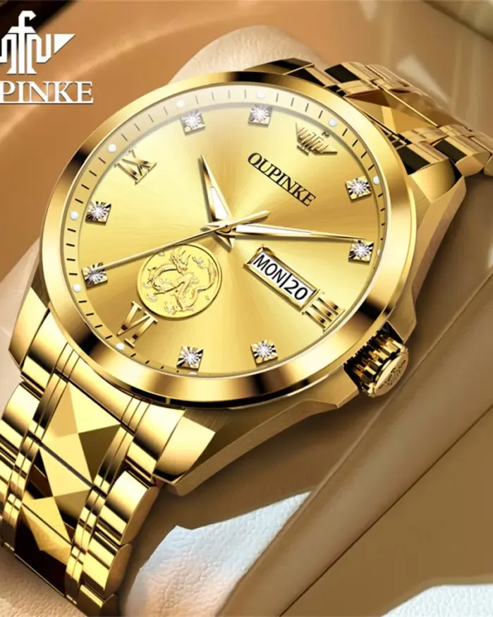 marca superior, escultura de oro Real de lujo, diseño de dragón, reloj mecánico para hombres, movimiento MIYOTA, calendario luminoso automático, semana 1