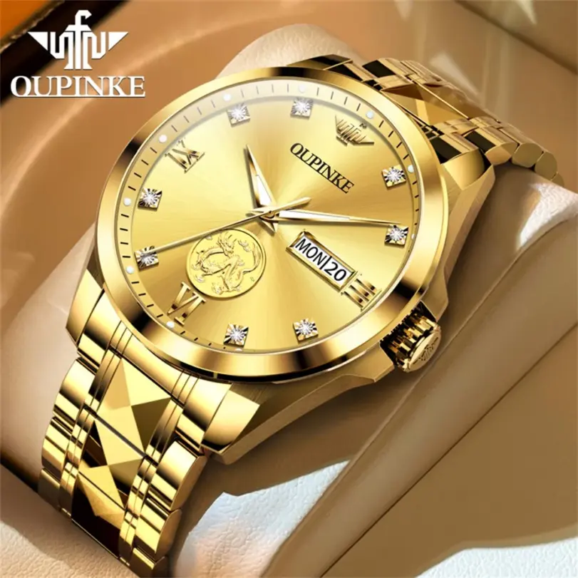 marca superior, escultura de oro Real de lujo, diseño de dragón, reloj mecánico para hombres, movimiento MIYOTA, calendario luminoso automático, semana 1 marca superior, escultura de oro Real de lujo, diseño de dragón, reloj mecánico para hombres, movimiento MIYOTA, calendario luminoso automático, semana 1