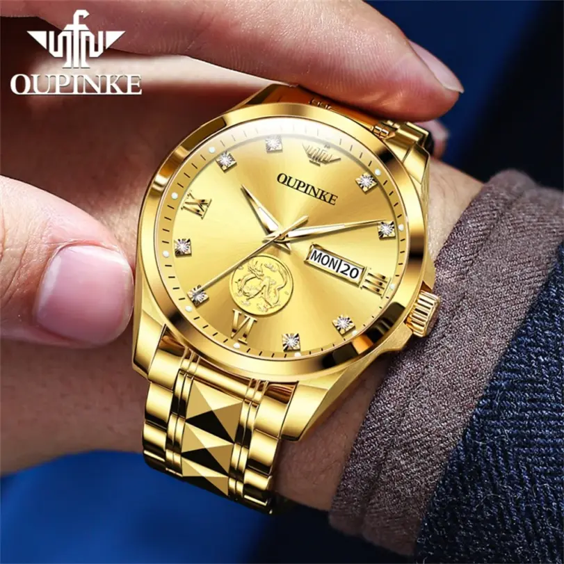 marca superior, escultura de oro Real de lujo, diseño de dragón, reloj mecánico para hombres, movimiento MIYOTA, calendario luminoso automático, semana 3