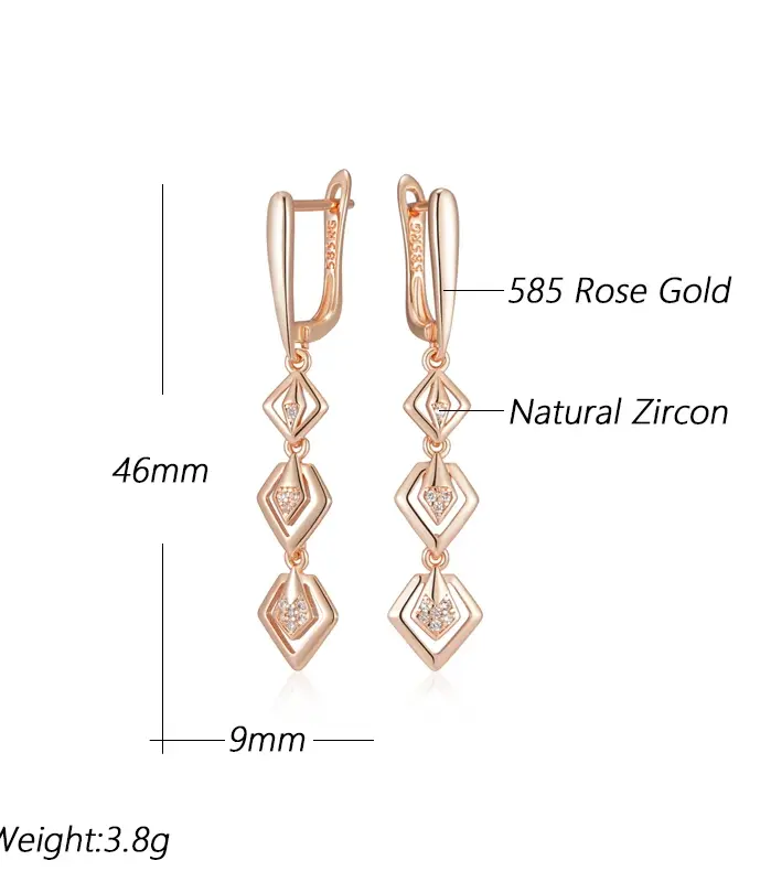 pendientes de gota geométricos huecos brillantes para mujer, Color oro rosa 585, circonita Natural brillante, joyería étnica fina diaria 2